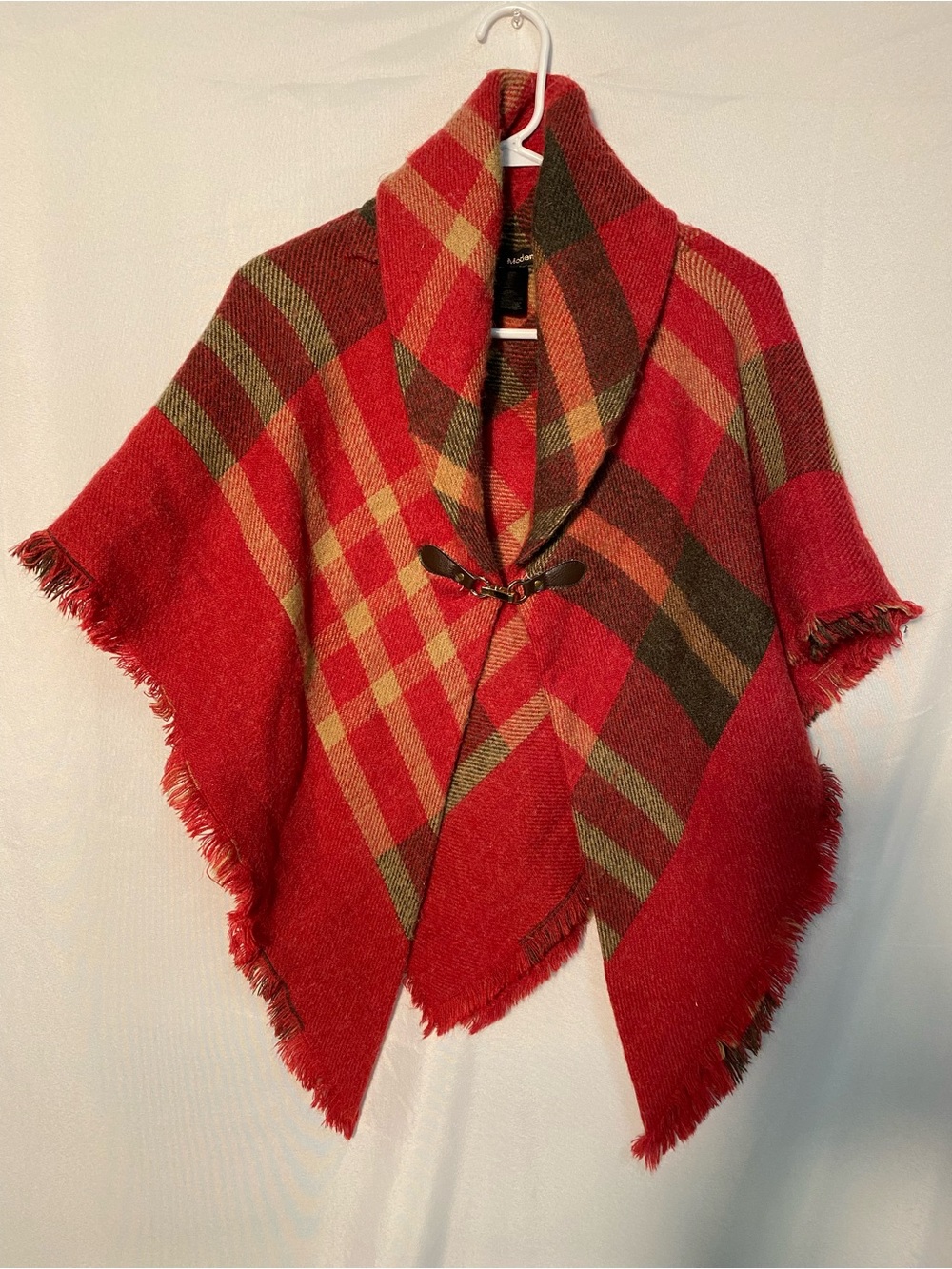Plaid Red Shawl-Collar Poncho with Toggle Closure